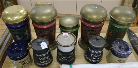 Five tobacco retailers large cylindrical jars with rounded brass covers and five other retailers jars (10)